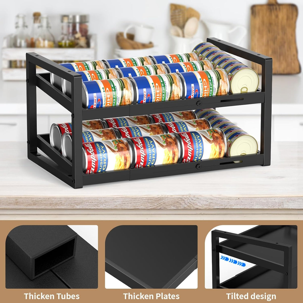 2-Tier Can Organizer for Pantry, Expandable Length Can Rack for Kitchen Shelf Organizer and Storage, Sturdy Metal Standing Can Holder for Canned Soup Soda Food Goods Storage, Stackable
