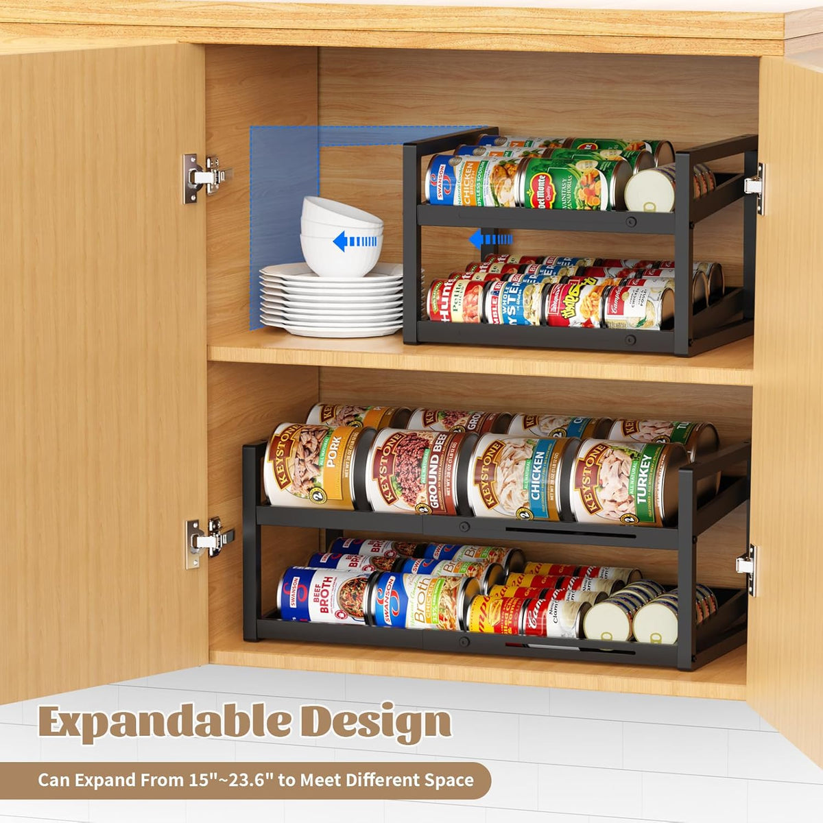 2-Tier Can Organizer for Pantry, Expandable Length Can Rack for Kitchen Shelf Organizer and Storage, Sturdy Metal Standing Can Holder for Canned Soup Soda Food Goods Storage, Stackable