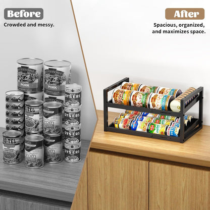 2-Tier Can Organizer for Pantry, Expandable Length Can Rack for Kitchen Shelf Organizer and Storage, Sturdy Metal Standing Can Holder for Canned Soup Soda Food Goods Storage, Stackable