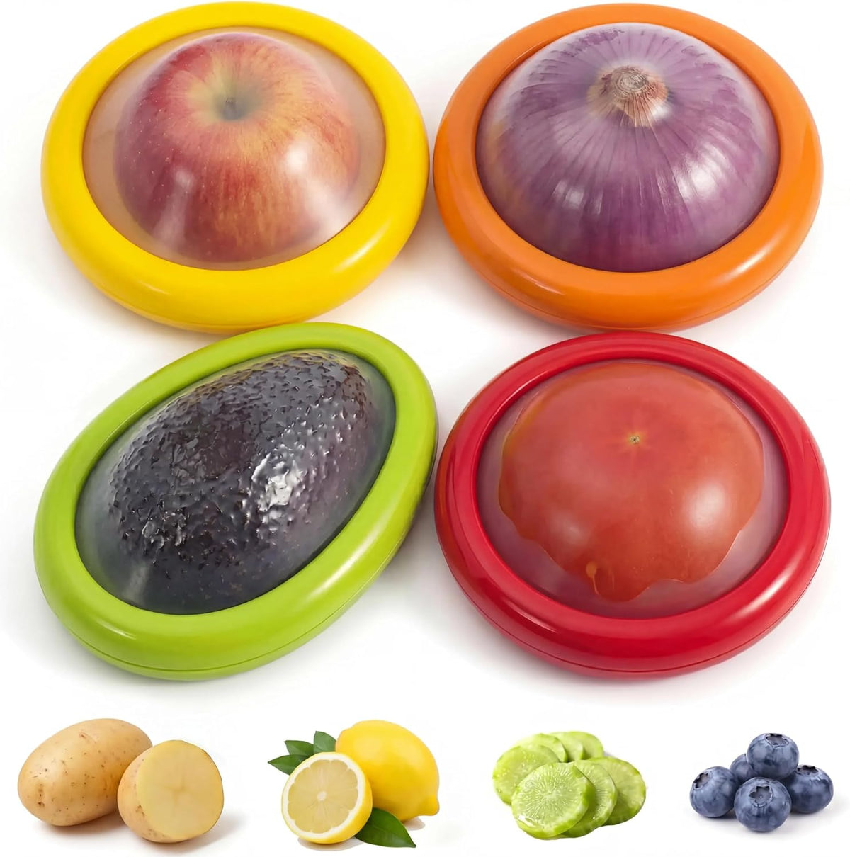 4Pcs Food Storage Containers Reusable Silicone Avocado Saver Onion Keeper Kitchen Organizer for Fridge Ideal Holder for Garlic Lemon Potatoes