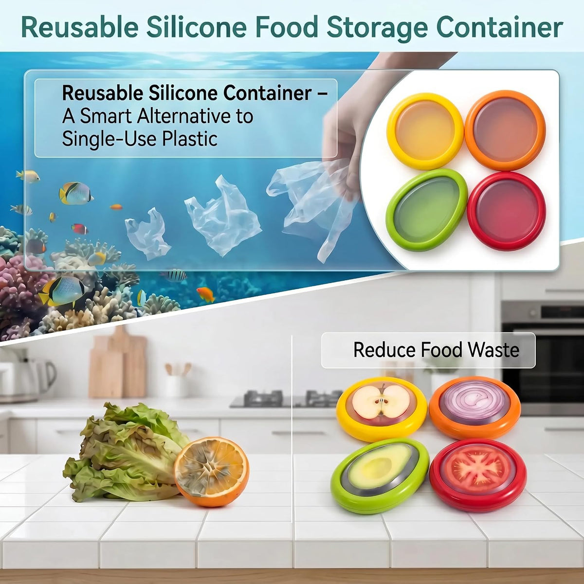 4Pcs Food Storage Containers Reusable Silicone Avocado Saver Onion Keeper Kitchen Organizer for Fridge Ideal Holder for Garlic Lemon Potatoes