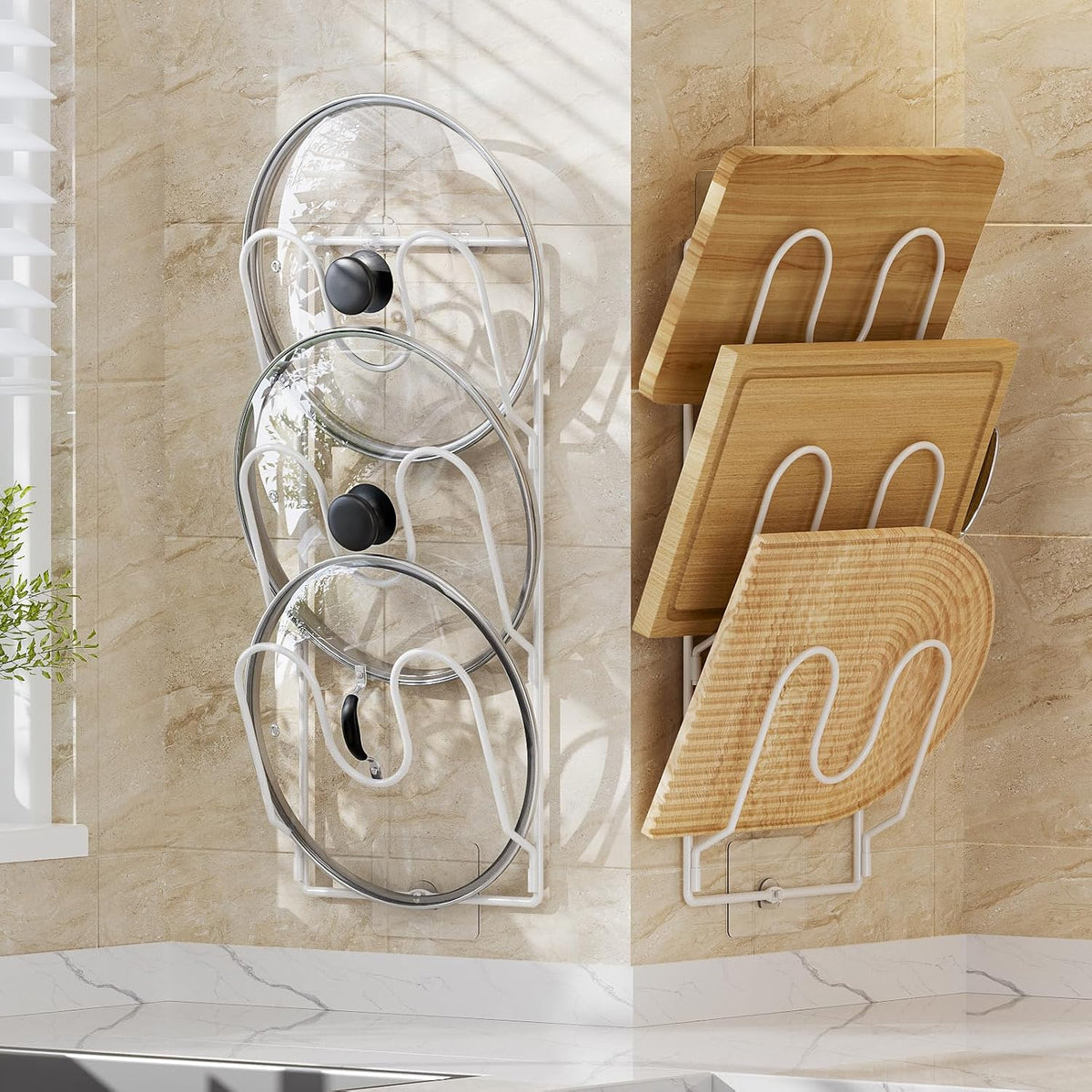 Pot Lid Organizer Rack for Cabinet Door, 2 Pack Pot Lid Holder White | 6-Tier Lid Racks for Cabinet Door/Wall, No Drilling Adhesive Mount, Rustproof, Fits Pot Pan Lid, Cutting Board & Cookie Sheet