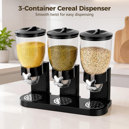 Triple Food Dispenser, 3 Pack 2L/67oz Cereal Dispenser Countertop, Cereal Containers Storage Airtight, Rotating Black Plastic Dry Food Dispenser, Candy Dispenser for Cereal, Rice, Candy, Coffee Beans