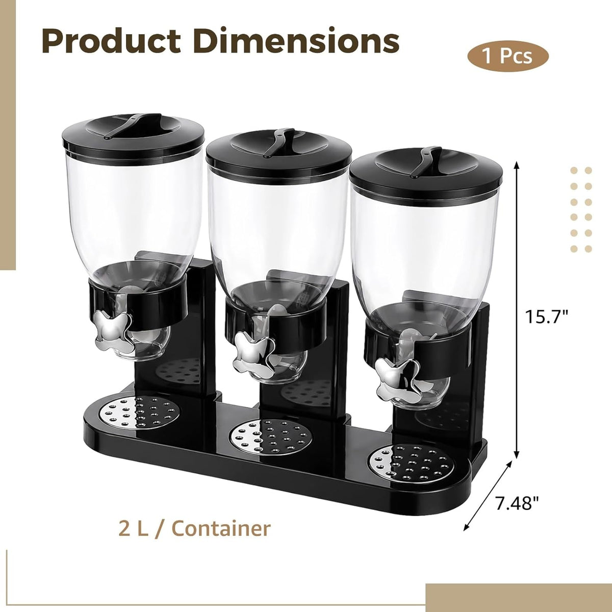 Triple Food Dispenser, 3 Pack 2L/67oz Cereal Dispenser Countertop, Cereal Containers Storage Airtight, Rotating Black Plastic Dry Food Dispenser, Candy Dispenser for Cereal, Rice, Candy, Coffee Beans