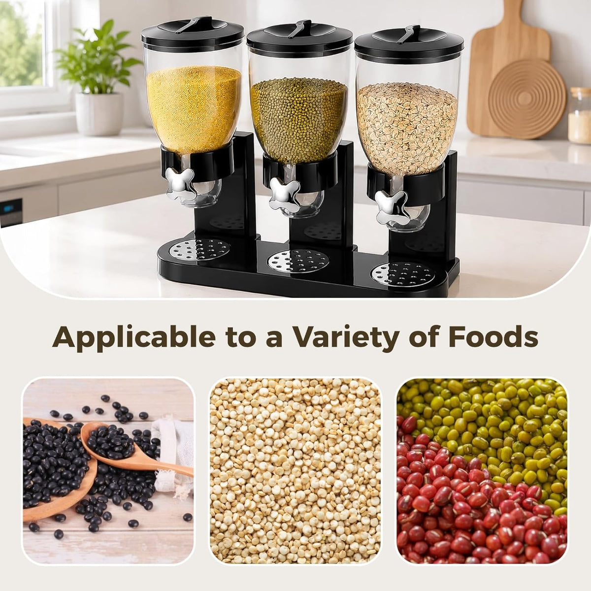 Triple Food Dispenser, 3 Pack 2L/67oz Cereal Dispenser Countertop, Cereal Containers Storage Airtight, Rotating Black Plastic Dry Food Dispenser, Candy Dispenser for Cereal, Rice, Candy, Coffee Beans