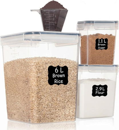 Flour Sugar Storage Containers Set of 3 (6L, 2.9L, 1.1L) Large Airtight Food Storage Containers with Lids, BPA-Free Plastic Container for Kitchen & Pantry Organizers, Cereal, Rice & Pasta