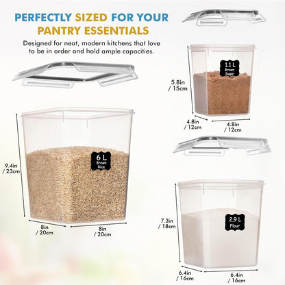 Flour Sugar Storage Containers Set of 3 (6L, 2.9L, 1.1L) Large Airtight Food Storage Containers with Lids, BPA-Free Plastic Container for Kitchen & Pantry Organizers, Cereal, Rice & Pasta