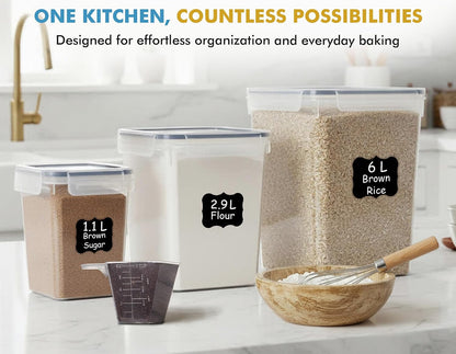 Flour Sugar Storage Containers Set of 3 (6L, 2.9L, 1.1L) Large Airtight Food Storage Containers with Lids, BPA-Free Plastic Container for Kitchen & Pantry Organizers, Cereal, Rice & Pasta