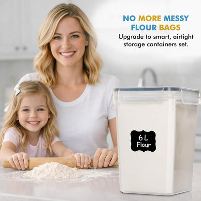 Flour Sugar Storage Containers Set of 3 (6L, 2.9L, 1.1L) Large Airtight Food Storage Containers with Lids, BPA-Free Plastic Container for Kitchen & Pantry Organizers, Cereal, Rice & Pasta