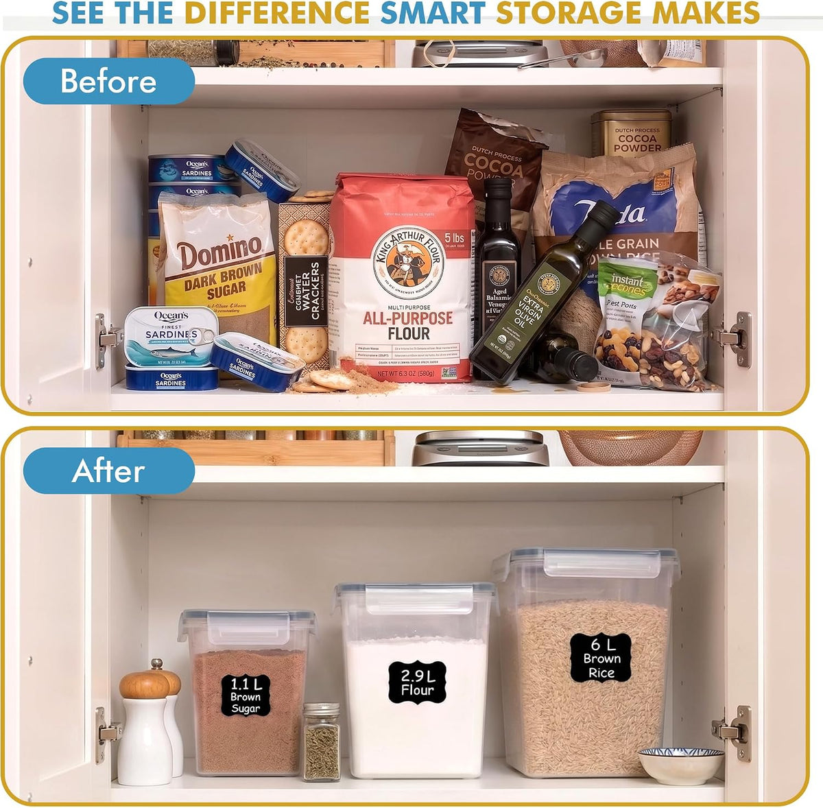 Flour Sugar Storage Containers Set of 3 (6L, 2.9L, 1.1L) Large Airtight Food Storage Containers with Lids, BPA-Free Plastic Container for Kitchen & Pantry Organizers, Cereal, Rice & Pasta