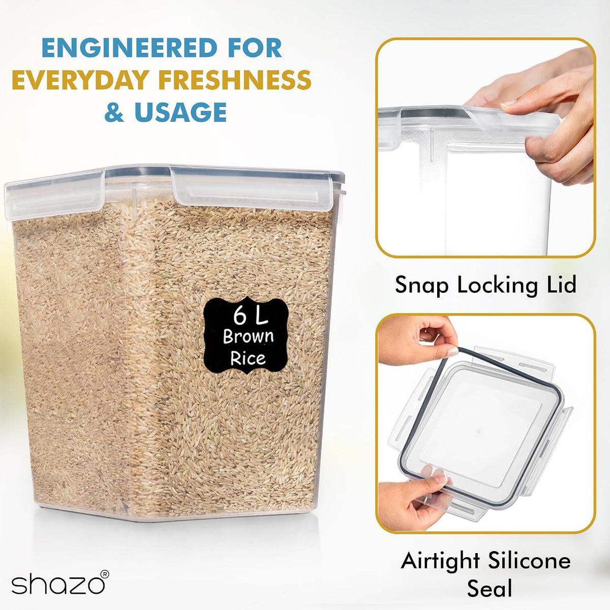 Flour Sugar Storage Containers Set of 3 (6L, 2.9L, 1.1L) Large Airtight Food Storage Containers with Lids, BPA-Free Plastic Container for Kitchen & Pantry Organizers, Cereal, Rice & Pasta