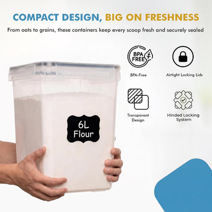 Flour Sugar Storage Containers Set of 3 (6L, 2.9L, 1.1L) Large Airtight Food Storage Containers with Lids, BPA-Free Plastic Container for Kitchen & Pantry Organizers, Cereal, Rice & Pasta