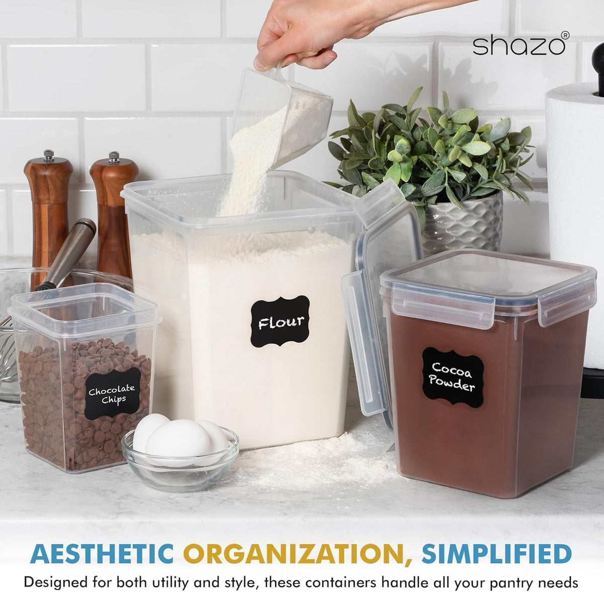 Flour Sugar Storage Containers Set of 3 (6L, 2.9L, 1.1L) Large Airtight Food Storage Containers with Lids, BPA-Free Plastic Container for Kitchen & Pantry Organizers, Cereal, Rice & Pasta