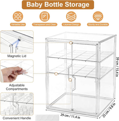 Baby Bottle Organizer – 3 Tier Acrylic Bottle Storage Organizer container, Clear Plastic Bottle Station Organizers Drawers for Countertop Kitchen Cabinet Vanity, Bathroom, Gifts for New Mom