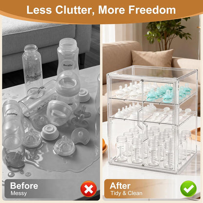 Baby Bottle Organizer – 3 Tier Acrylic Bottle Storage Organizer container, Clear Plastic Bottle Station Organizers Drawers for Countertop Kitchen Cabinet Vanity, Bathroom, Gifts for New Mom