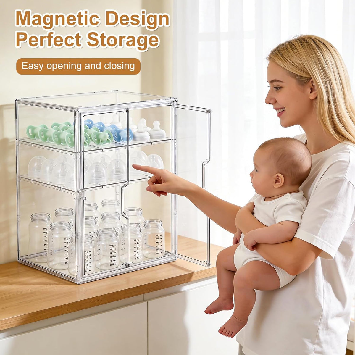 Baby Bottle Organizer – 3 Tier Acrylic Bottle Storage Organizer container, Clear Plastic Bottle Station Organizers Drawers for Countertop Kitchen Cabinet Vanity, Bathroom, Gifts for New Mom