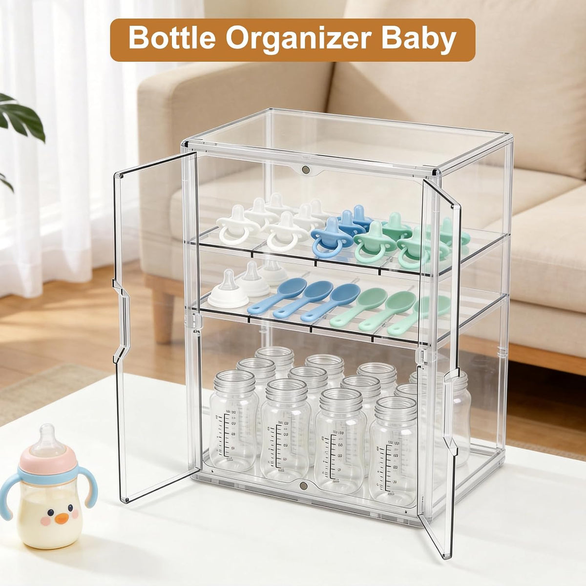 Baby Bottle Organizer – 3 Tier Acrylic Bottle Storage Organizer container, Clear Plastic Bottle Station Organizers Drawers for Countertop Kitchen Cabinet Vanity, Bathroom, Gifts for New Mom