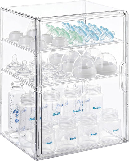Baby Bottle Organizer – 3 Tier Acrylic Bottle Storage Organizer container, Clear Plastic Bottle Station Organizers Drawers for Countertop Kitchen Cabinet Vanity, Bathroom, Gifts for New Mom