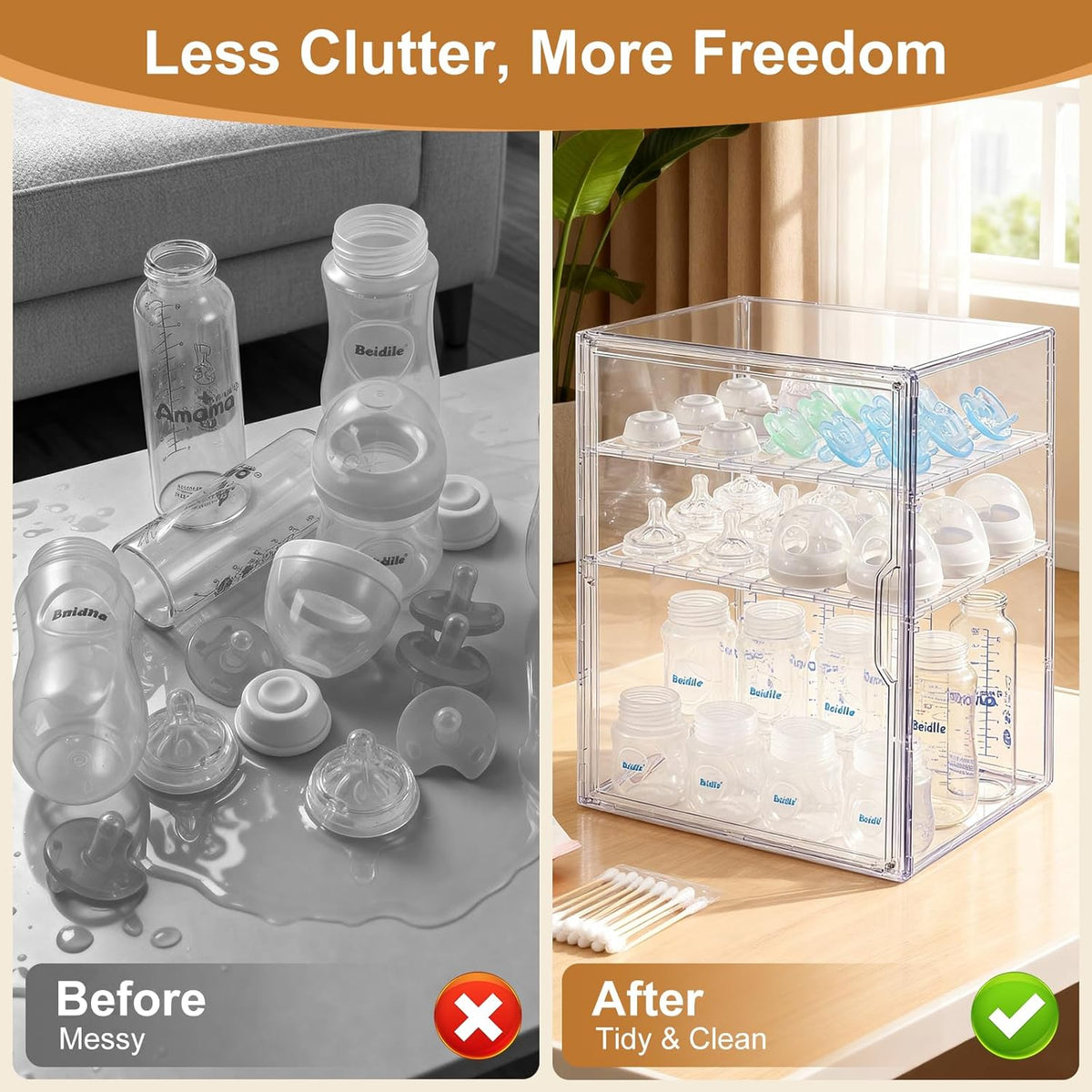 Baby Bottle Organizer – 3 Tier Acrylic Bottle Storage Organizer container, Clear Plastic Bottle Station Organizers Drawers for Countertop Kitchen Cabinet Vanity, Bathroom, Gifts for New Mom