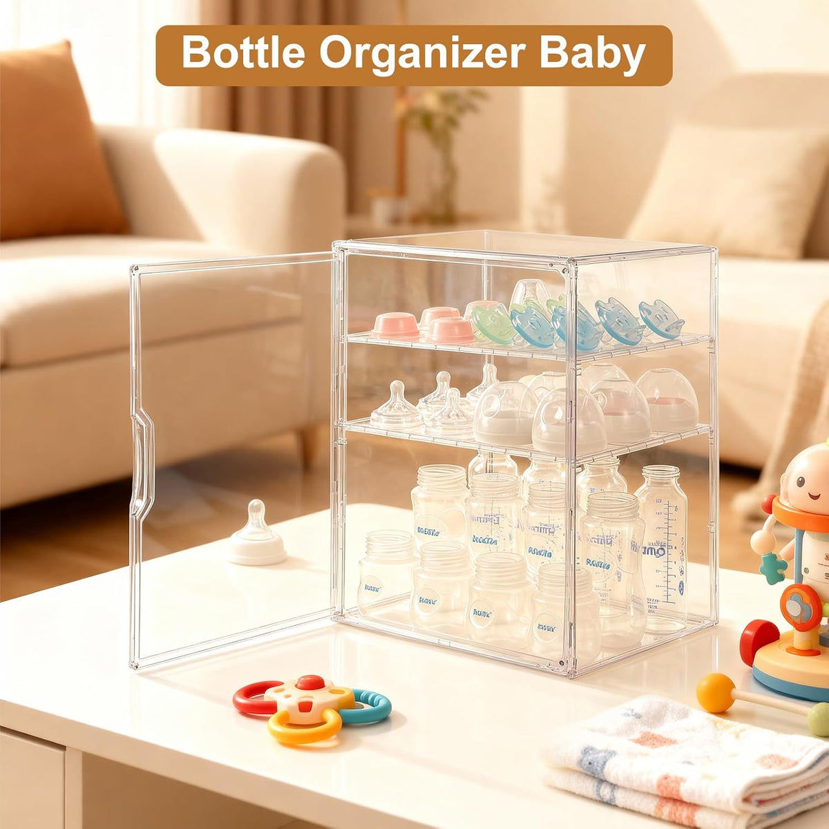 Baby Bottle Organizer – 3 Tier Acrylic Bottle Storage Organizer container, Clear Plastic Bottle Station Organizers Drawers for Countertop Kitchen Cabinet Vanity, Bathroom, Gifts for New Mom