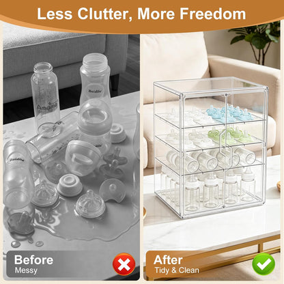 Baby Bottle Organizer – 3 Tier Acrylic Bottle Storage Organizer container, Clear Plastic Bottle Station Organizers Drawers for Countertop Kitchen Cabinet Vanity, Bathroom, Gifts for New Mom
