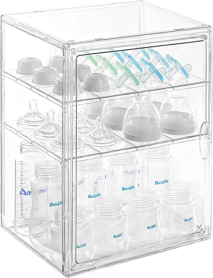 Baby Bottle Organizer – 3 Tier Acrylic Bottle Storage Organizer container, Clear Plastic Bottle Station Organizers Drawers for Countertop Kitchen Cabinet Vanity, Bathroom, Gifts for New Mom