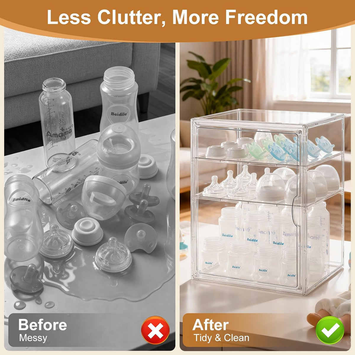 Baby Bottle Organizer – 3 Tier Acrylic Bottle Storage Organizer container, Clear Plastic Bottle Station Organizers Drawers for Countertop Kitchen Cabinet Vanity, Bathroom, Gifts for New Mom