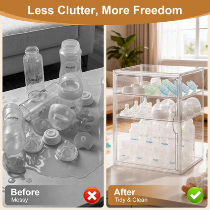 Baby Bottle Organizer – 3 Tier Acrylic Bottle Storage Organizer container, Clear Plastic Bottle Station Organizers Drawers for Countertop Kitchen Cabinet Vanity, Bathroom, Gifts for New Mom