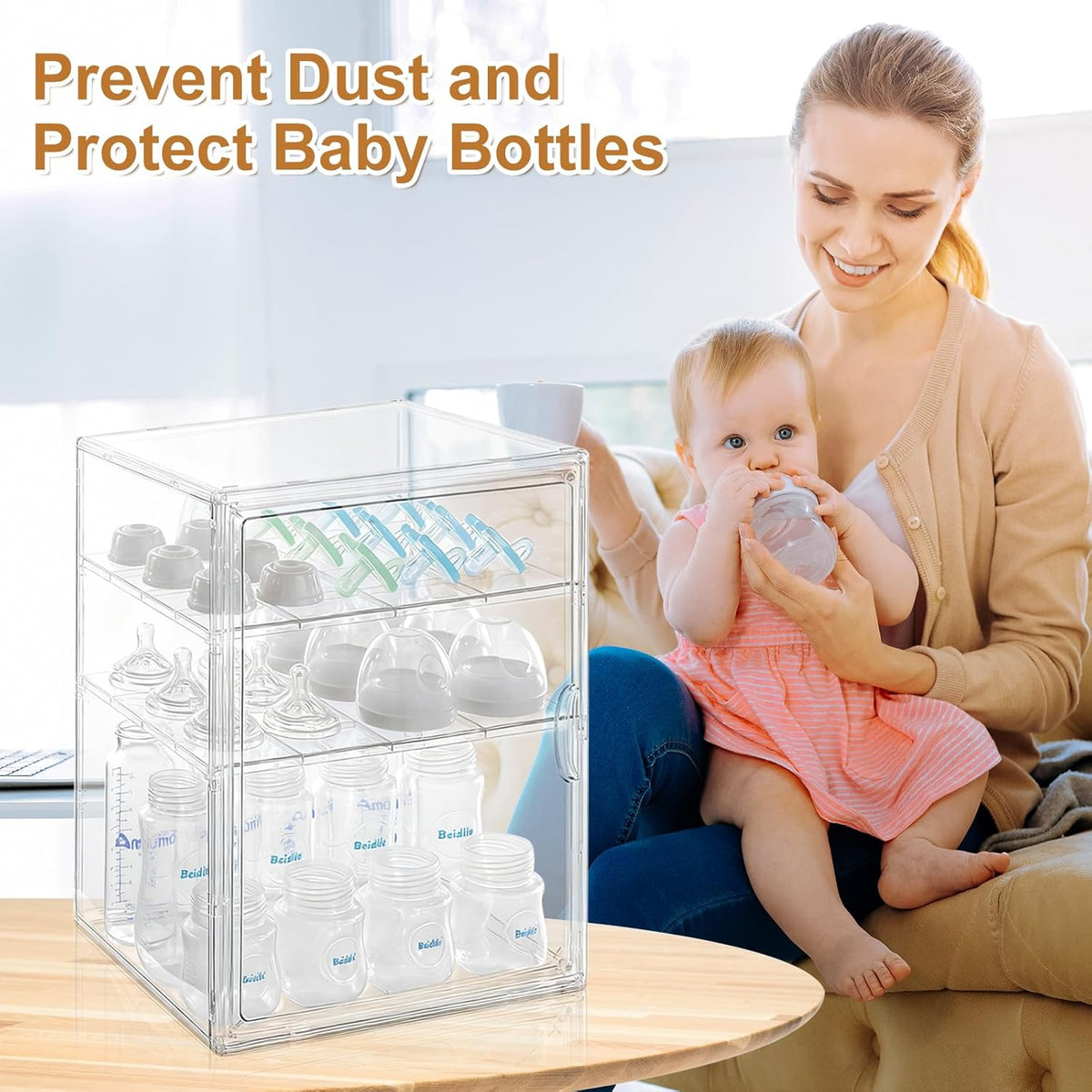 Baby Bottle Organizer – 3 Tier Acrylic Bottle Storage Organizer container, Clear Plastic Bottle Station Organizers Drawers for Countertop Kitchen Cabinet Vanity, Bathroom, Gifts for New Mom