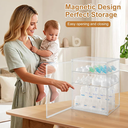 Baby Bottle Organizer – 3 Tier Acrylic Bottle Storage Organizer container, Clear Plastic Bottle Station Organizers Drawers for Countertop Kitchen Cabinet Vanity, Bathroom, Gifts for New Mom