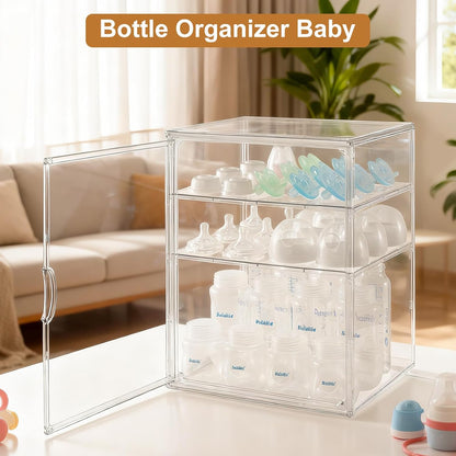 Baby Bottle Organizer – 3 Tier Acrylic Bottle Storage Organizer container, Clear Plastic Bottle Station Organizers Drawers for Countertop Kitchen Cabinet Vanity, Bathroom, Gifts for New Mom