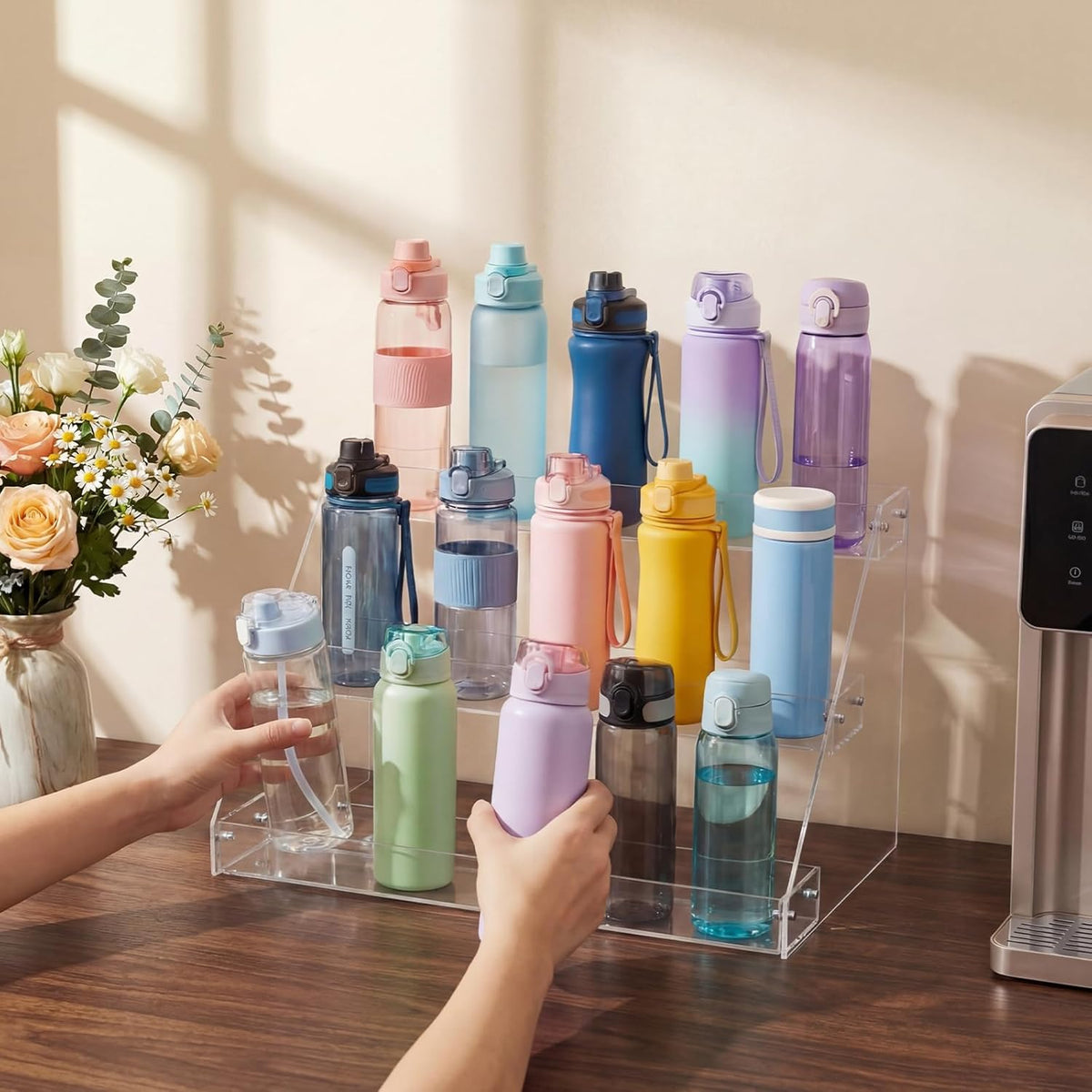 Water Bottle Organizer for Classroom 3 Tier Acrylic Large Compartment Water Bottle Holder Back to School Student Coffee Cup Holder for Office Home School Classroom Supplies