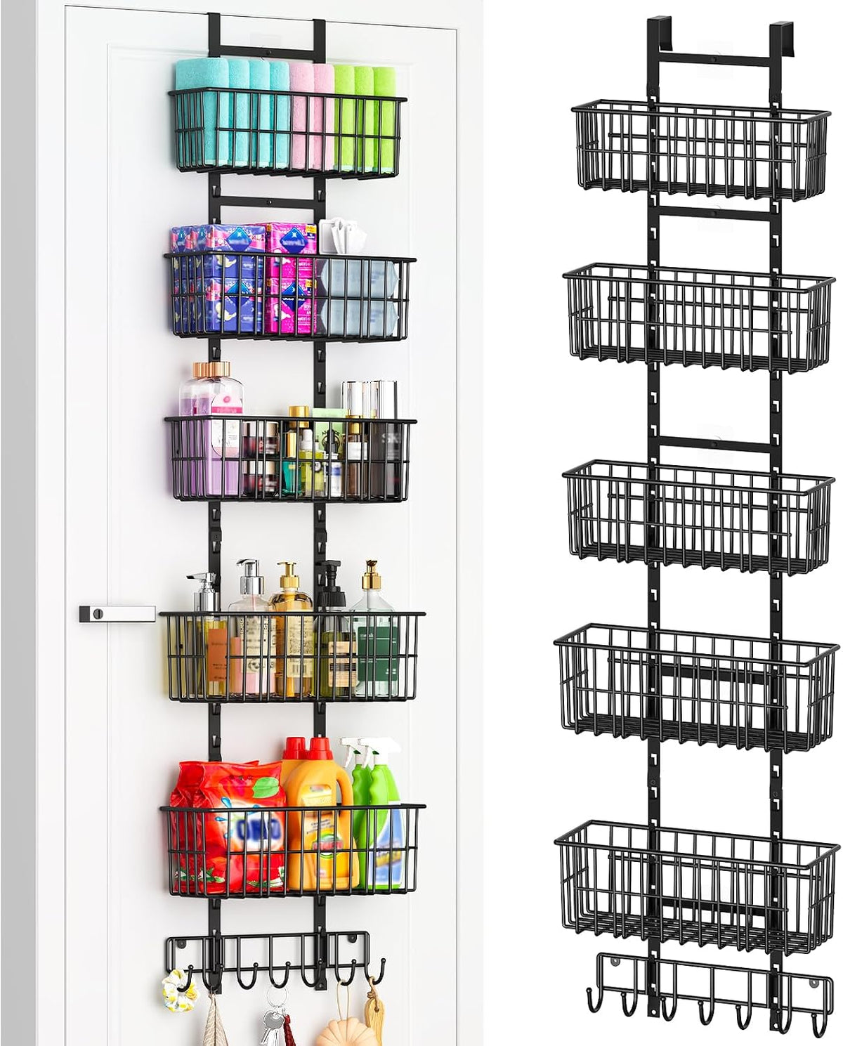 Adjustable Over the Door Organizer, Metal Hanging Door Organizer with 5 Wire Basket 7 Hooks, Wall Mounted Shelf for Pantry Laundry Organization and Storage, Black