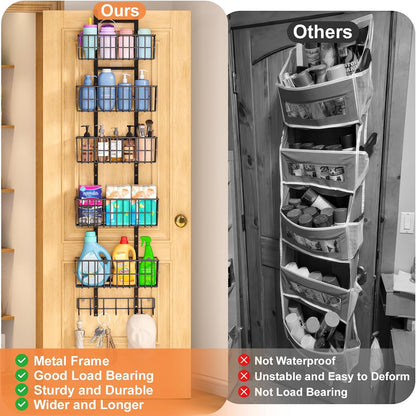Adjustable Over the Door Organizer, Metal Hanging Door Organizer with 5 Wire Basket 7 Hooks, Wall Mounted Shelf for Pantry Laundry Organization and Storage, Black
