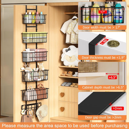 Adjustable Over the Door Organizer, Metal Hanging Door Organizer with 5 Wire Basket 7 Hooks, Wall Mounted Shelf for Pantry Laundry Organization and Storage, Black