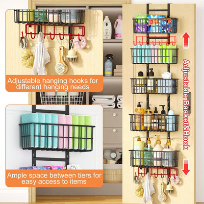 Adjustable Over the Door Organizer, Metal Hanging Door Organizer with 5 Wire Basket 7 Hooks, Wall Mounted Shelf for Pantry Laundry Organization and Storage, Black