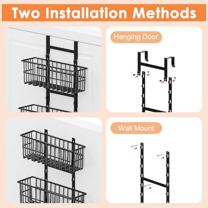 Adjustable Over the Door Organizer, Metal Hanging Door Organizer with 5 Wire Basket 7 Hooks, Wall Mounted Shelf for Pantry Laundry Organization and Storage, Black