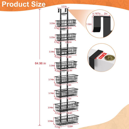 Adjustable Over the Door Organizer, Metal Hanging Door Organizer with 5 Wire Basket 7 Hooks, Wall Mounted Shelf for Pantry Laundry Organization and Storage, Black