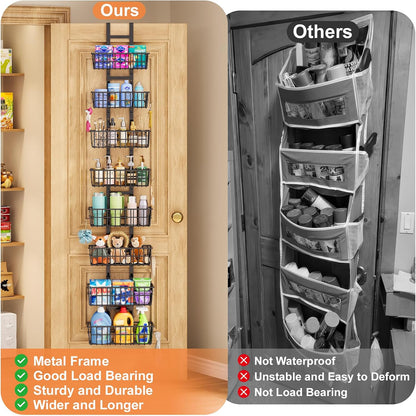 Adjustable Over the Door Organizer, Metal Hanging Door Organizer with 5 Wire Basket 7 Hooks, Wall Mounted Shelf for Pantry Laundry Organization and Storage, Black