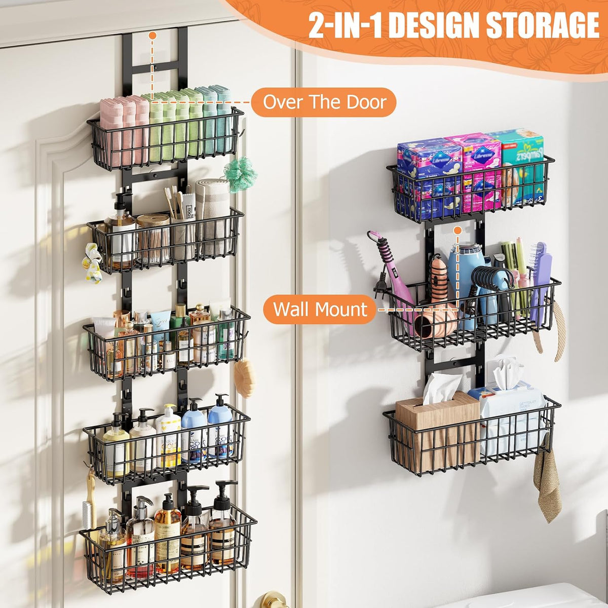 Adjustable Over the Door Organizer, Metal Hanging Door Organizer with 5 Wire Basket 7 Hooks, Wall Mounted Shelf for Pantry Laundry Organization and Storage, Black