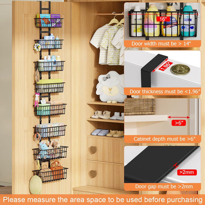 Adjustable Over the Door Organizer, Metal Hanging Door Organizer with 5 Wire Basket 7 Hooks, Wall Mounted Shelf for Pantry Laundry Organization and Storage, Black
