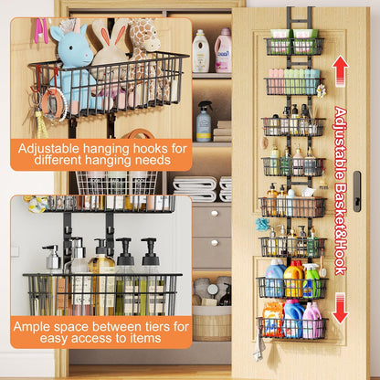 Adjustable Over the Door Organizer, Metal Hanging Door Organizer with 5 Wire Basket 7 Hooks, Wall Mounted Shelf for Pantry Laundry Organization and Storage, Black