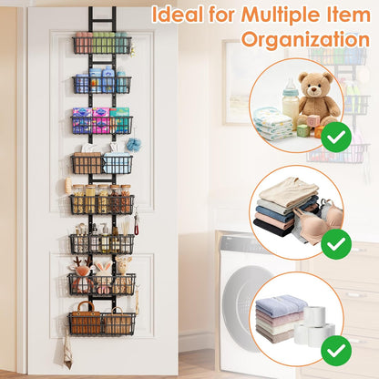 Adjustable Over the Door Organizer, Metal Hanging Door Organizer with 5 Wire Basket 7 Hooks, Wall Mounted Shelf for Pantry Laundry Organization and Storage, Black