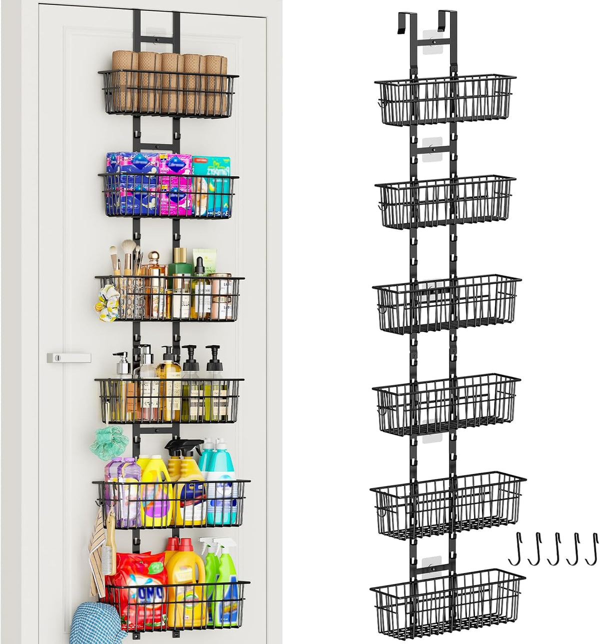 Adjustable Over the Door Organizer, Metal Hanging Door Organizer with 5 Wire Basket 7 Hooks, Wall Mounted Shelf for Pantry Laundry Organization and Storage, Black