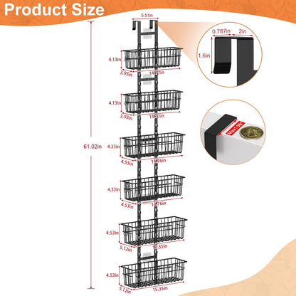 Adjustable Over the Door Organizer, Metal Hanging Door Organizer with 5 Wire Basket 7 Hooks, Wall Mounted Shelf for Pantry Laundry Organization and Storage, Black