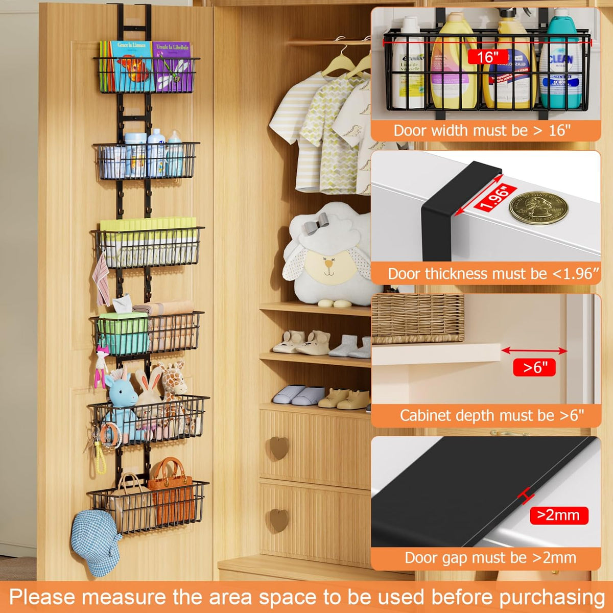 Adjustable Over the Door Organizer, Metal Hanging Door Organizer with 5 Wire Basket 7 Hooks, Wall Mounted Shelf for Pantry Laundry Organization and Storage, Black
