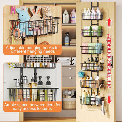 Adjustable Over the Door Organizer, Metal Hanging Door Organizer with 5 Wire Basket 7 Hooks, Wall Mounted Shelf for Pantry Laundry Organization and Storage, Black