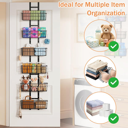 Adjustable Over the Door Organizer, Metal Hanging Door Organizer with 5 Wire Basket 7 Hooks, Wall Mounted Shelf for Pantry Laundry Organization and Storage, Black