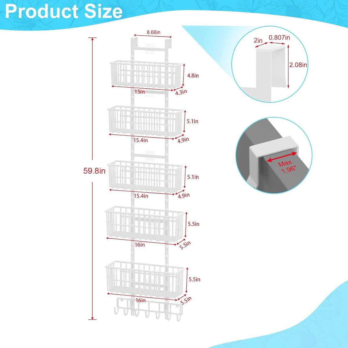 Adjustable Over the Door Organizer, Metal Hanging Door Organizer with 5 Wire Basket 7 Hooks, Wall Mounted Shelf for Pantry Laundry Organization and Storage, Black