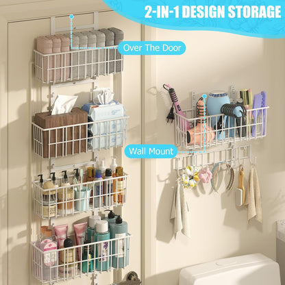 Adjustable Over the Door Organizer, Metal Hanging Door Organizer with 5 Wire Basket 7 Hooks, Wall Mounted Shelf for Pantry Laundry Organization and Storage, Black